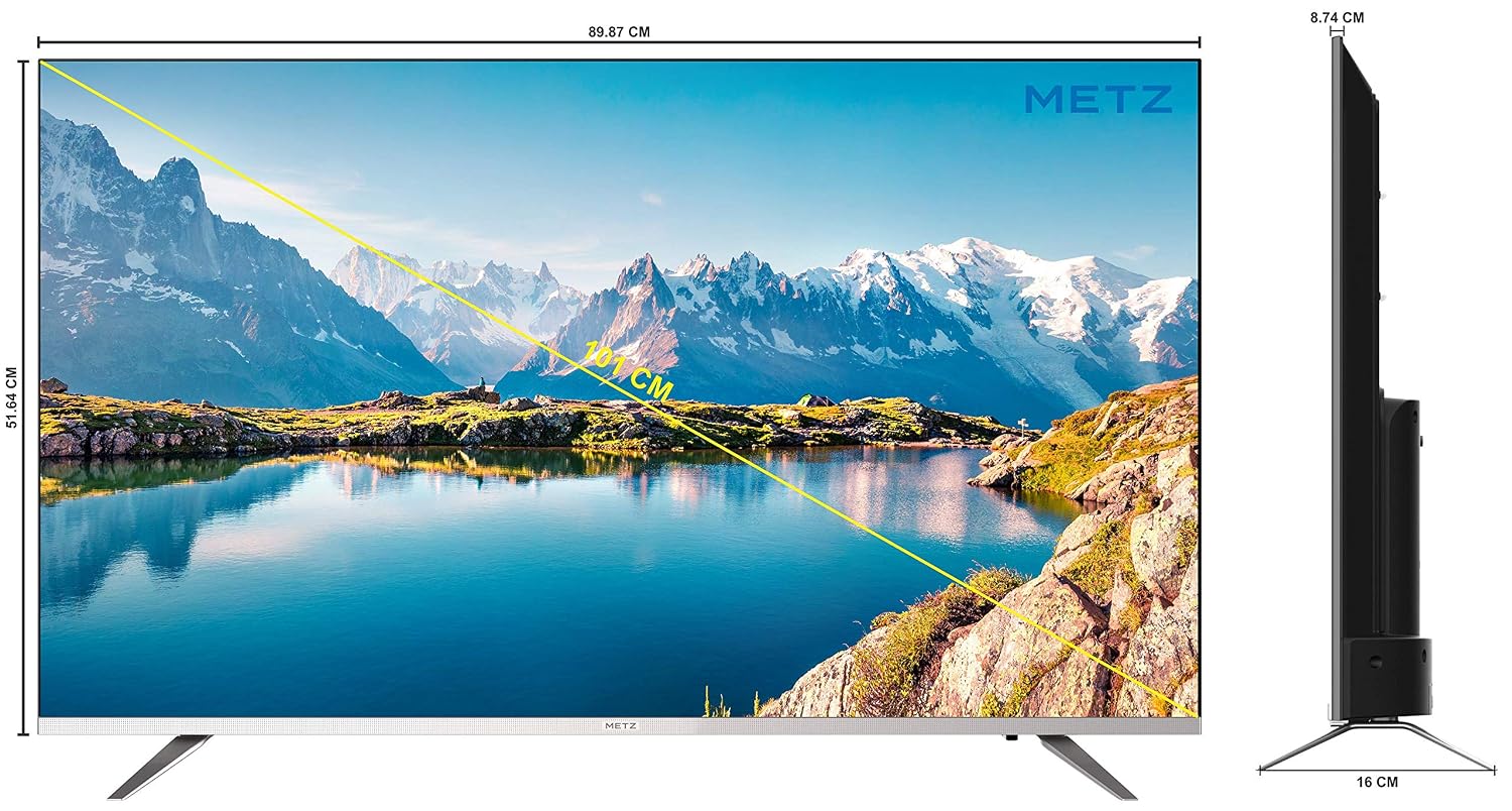 Diagram showing the dimensions of the METZ M40E6 TV, including screen width, height, and side profile depth.