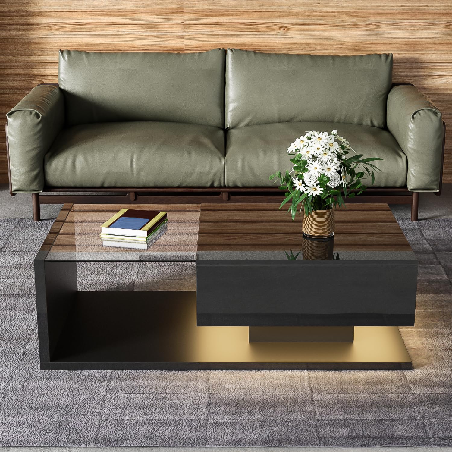 Mesa de centro con iluminación LED, 105 x 55 cm, color negro brillante, moderna mesa de salón con placa de cristal, compartimento de almacenamiento y luz LED RGB, elegante mesa auxiliar para