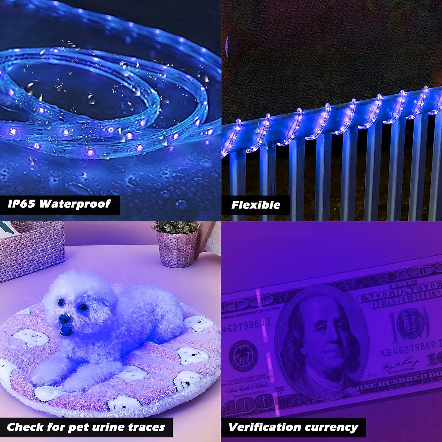 SURNIE 50ft UV Black Light Strip Waterproof Flexible Cuttable Blacklight LED Strip Lights 12V UV Light Strip Black Lights for Glow Party Birthday Halloween Stage Fluorescent Party Home Decoration