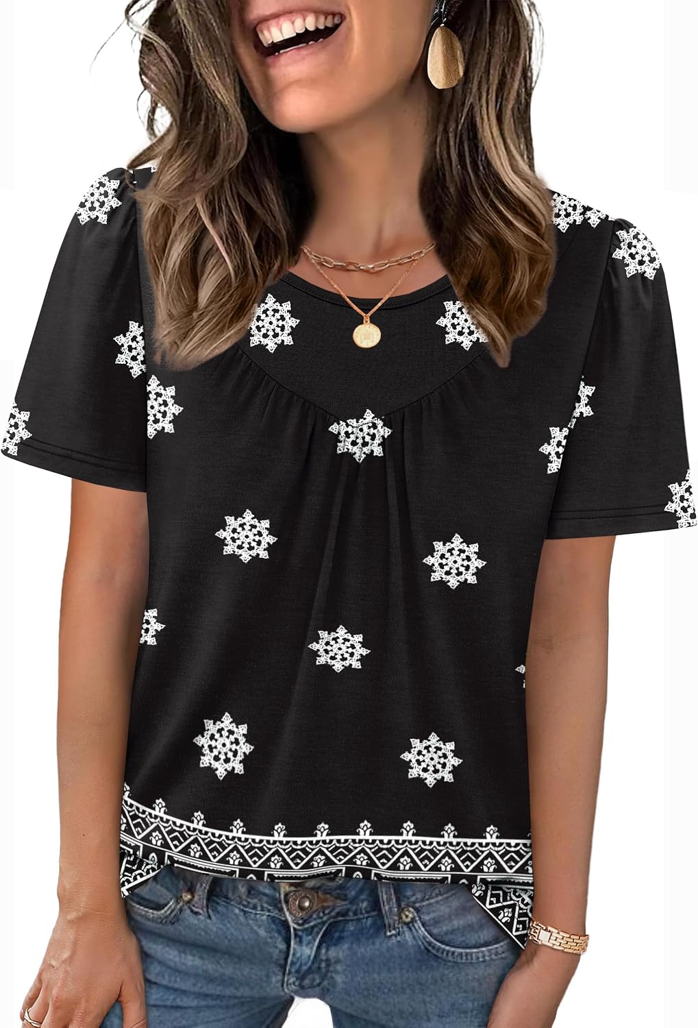 WIHOLL Womens Summer Tops Trendy Short Sleeve T Shirts Pleated Crewneck Tees Blouses Dressy Casual Outfits Fashion Clothing