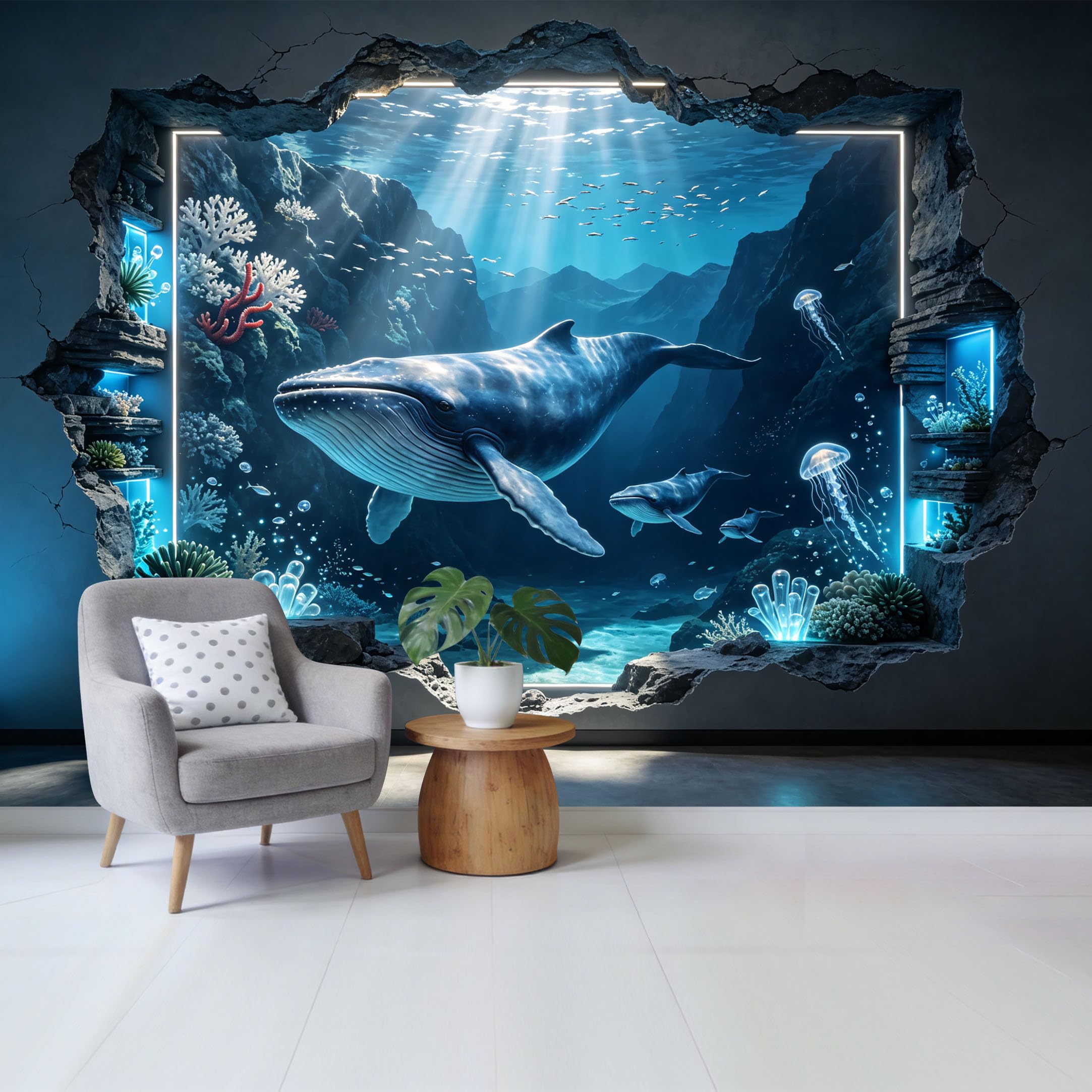 Custom Size Wall Mural 3D Ocean Whale Coral Reef Underwater Scene Removable Self Adhesive Fabric Home Wall Decor for Living Room Bedroom Bathroom