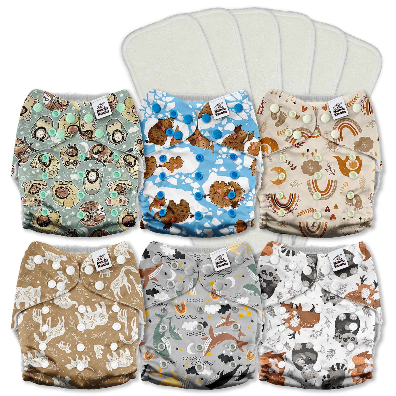 Mama Koala 3.0 Cloth Diapers for Babies with AWJ Lining, 6 Pack with 6 5-Layer Natural Cloth Diaper Inserts - Reusable and Washable Pocket Diapers(A-Animals' Love)