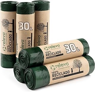 Relevo Grüne Müllbeutel mit Zugband – 30L (B 55 cm x H 60 cm), 90 Beutel (6 Rollen × 15 Beutel) | Extra Starke Müllsäcke | 100% Recyceltes LDPE aus Gewächshäusern | Zertifiziert (Blauer Engel)