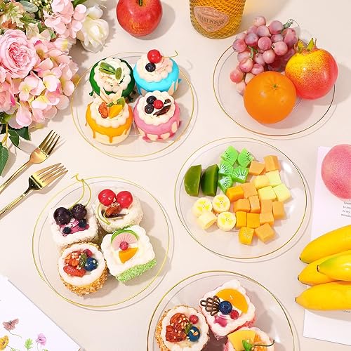 Miniatura 5 de Zhehao 150 platos de postre de plástico transparente para boda, 7.5 pulgadas, platos de ensalada de oro transparente para aperitivos, cargador de