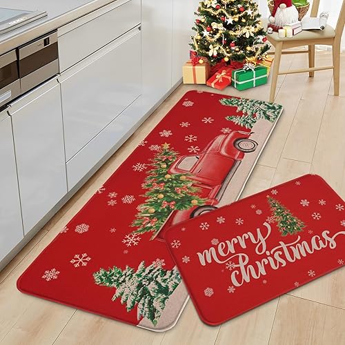 Miniatura 2 de Alishomtll Juego de 2 tapetes de cocina de Navidad, diseño de árbol de Navidad de invierno, copos de nieve, decoración de Navidad, para camión,