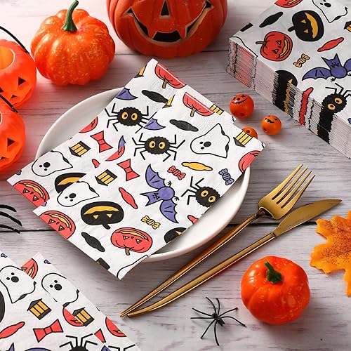 Miniatura 7 de Yexiya 100 servilletas de papel desechables de Halloween, calabaza, fantasma, arañas, murciélagos, servilletas de cóctel, toalla de mano para
