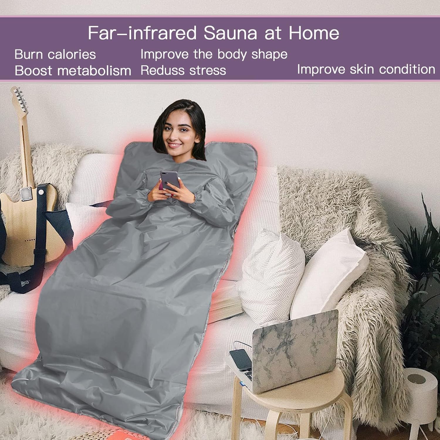 Natural Jades Tourmaline Heating Sleeves Desing Portable Sauna Blanket for Home, Portable Design, Relaxation and Detox Remote Control