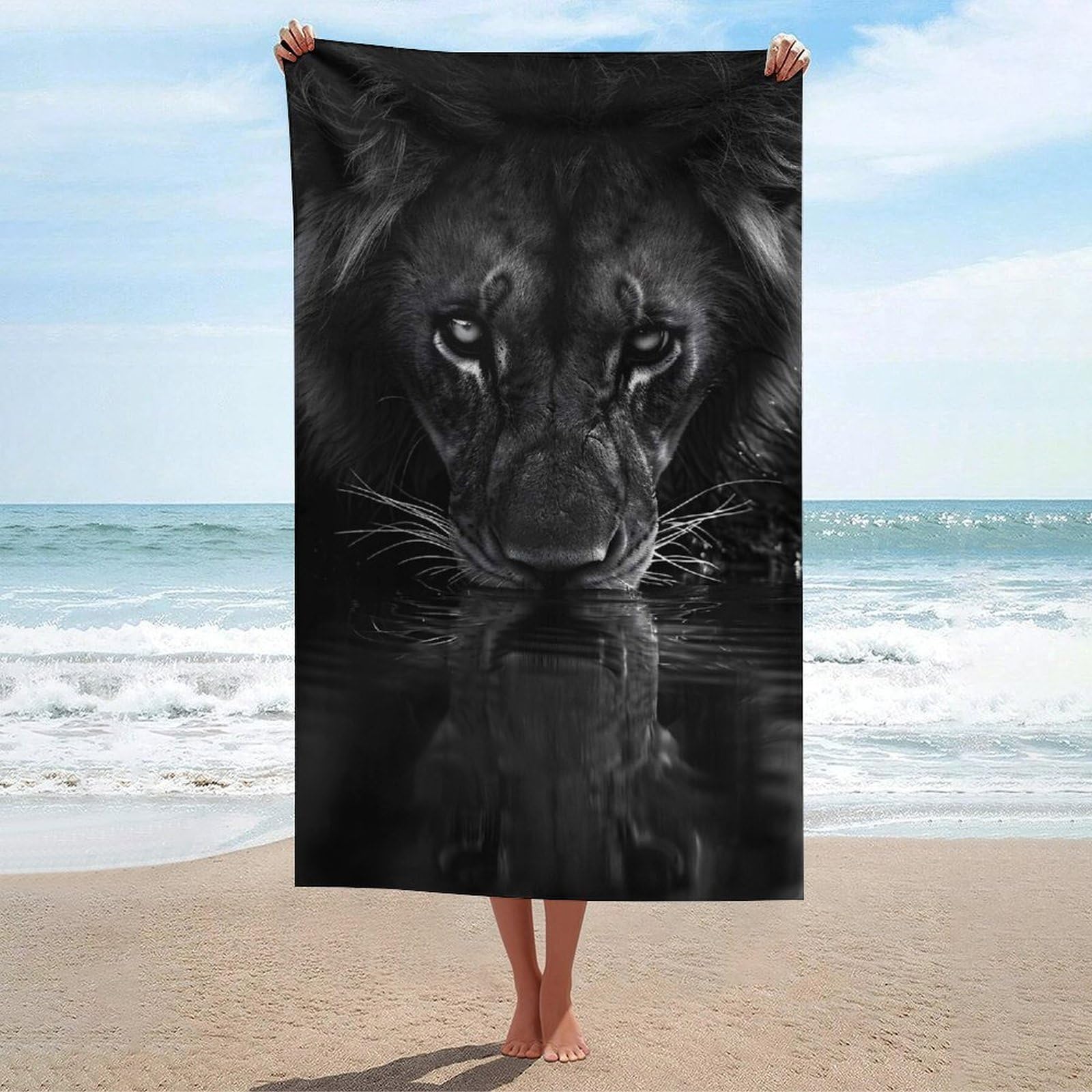 Serviettes de plage lion à séchage rapide, drap de bain microfibre léger 130x80cm