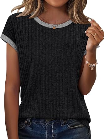 Sampeel Womens Tops Short Sleeve Shirts Loose Fit Trendy Summer Outfits Dressy Casual Spring Clothes Lightweight Sweaters