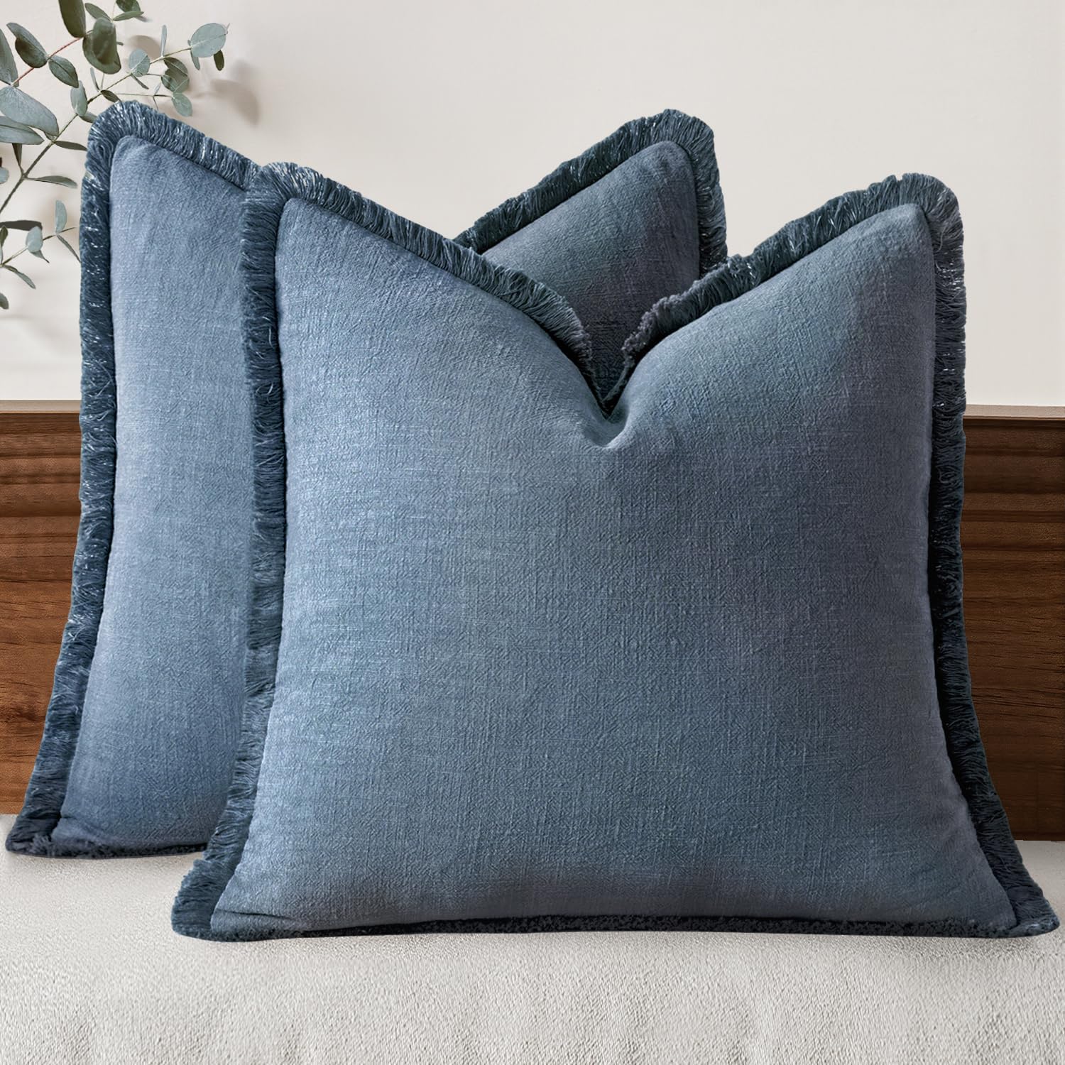 MIULEE Boho Linen Fringe Decorative Throw Pillow Covers Blue Ashes 20x20