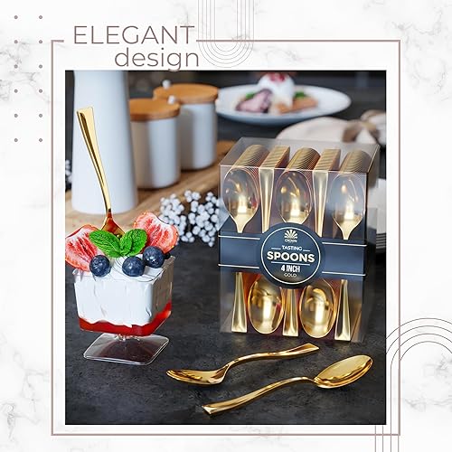 Miniatura 5 de Mini cucharas para postres, paquete a granel de 100 mini cucharas de postre doradas, cucharas desechables de plástico de 4.5 pulgadas, aspecto de