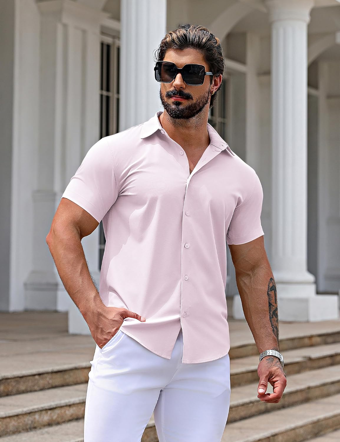 URRU Men's Muscle Dress Shirts Slim Fit Stretch Short Sleeve Casual Button Down Shirts for Men - Image 2