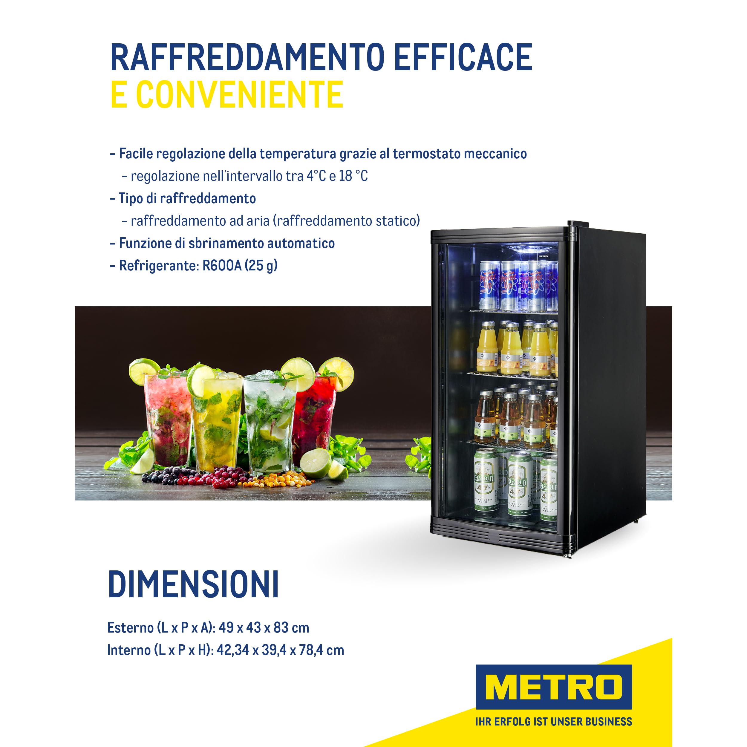 METRO Professional Mini Frigo per Bevande GPC1088 88L 220-240V Porta in Vetro Nero