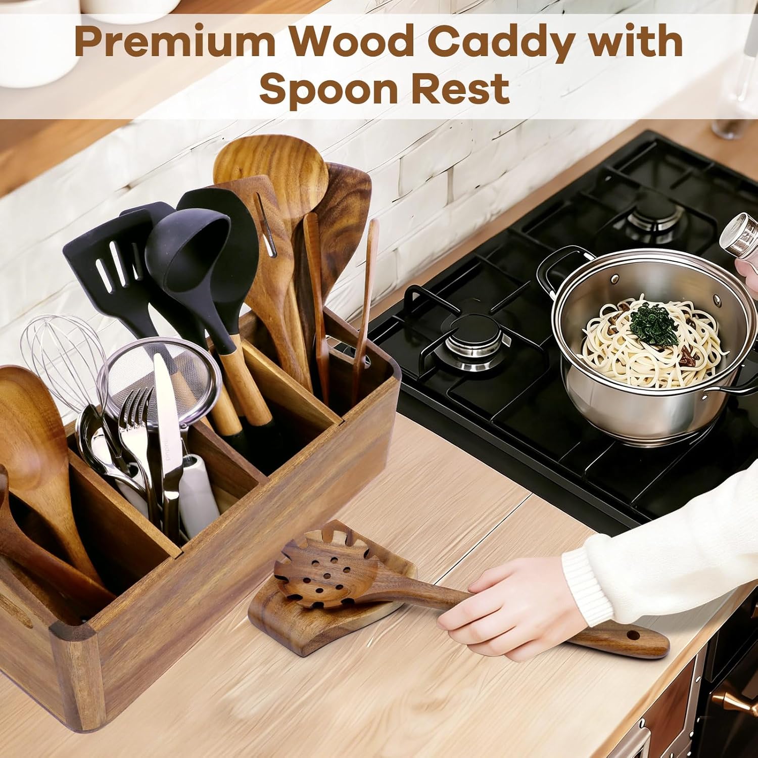 Wooden Kitchen Utensil Holder for Kitchen Counter, Large Utensil Organizer with Spoon Rest Cooking Utensil Holder with 4 Compartment for Countertop Spoon Holder Crock Farmhouse Kitchen Decor