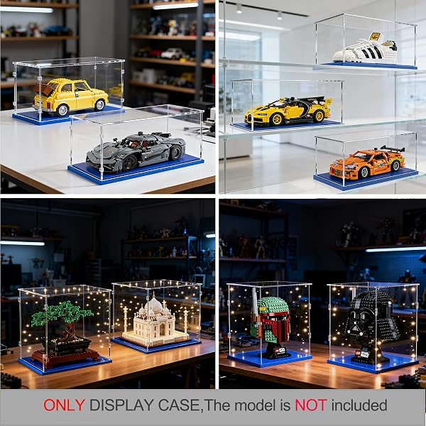 Teca Espositiva 35x15x15 con Base Blu,3mm Acrilico Trasparente Antipolvere Vetrina per Modellini Auto 1/18 Ford Mustang Shelby GT500 42138 Jeep Wrangler Lamborghini Huracan 42161 Bugatti Bolide 42151 - 2