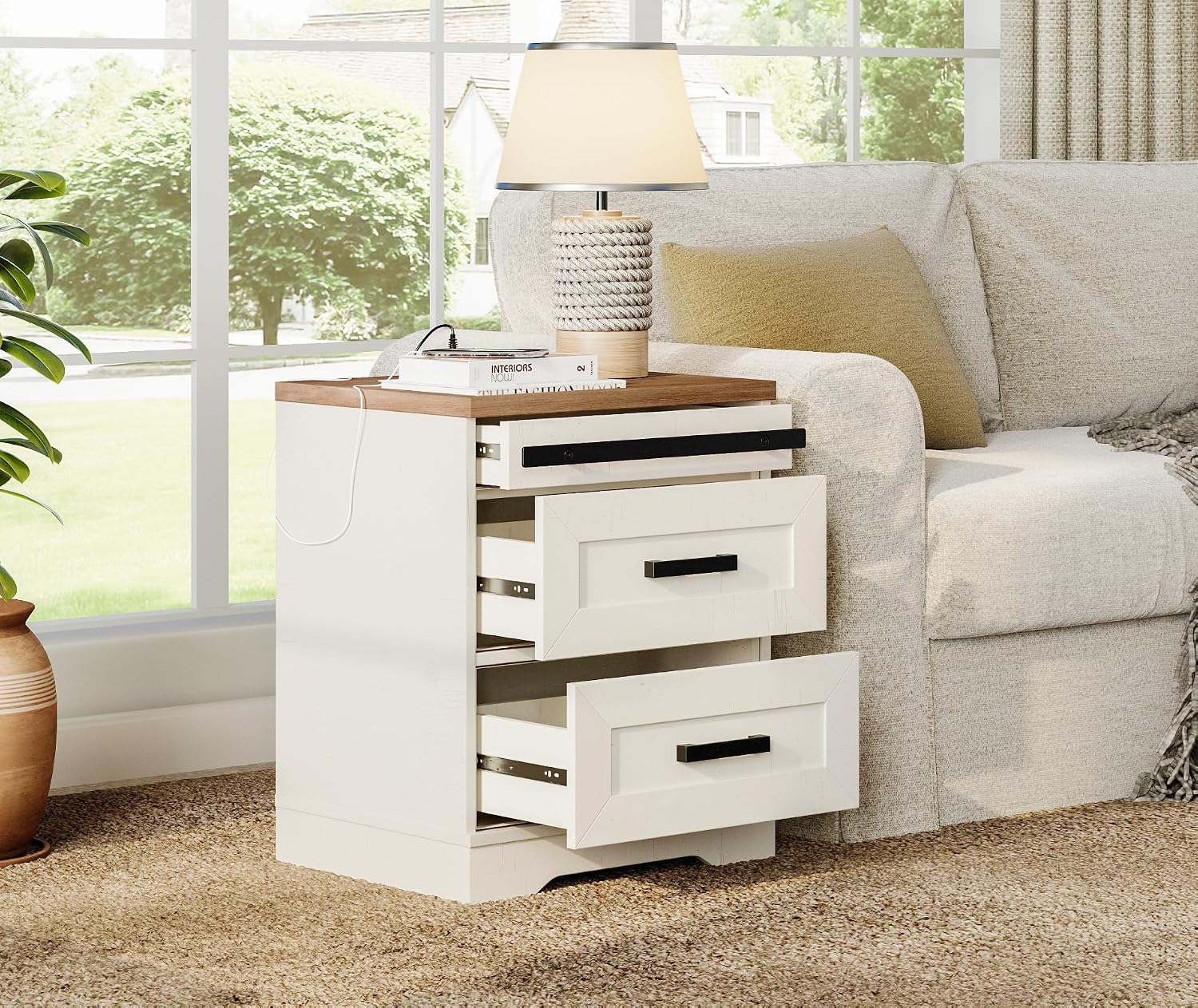 WAMPAT 3-Piece Farmhouse Bedroom Set, 48-Inch Wide Solid Wood Dresser with 6 Drawers and Nightstands Set of 2 with Charging Station, Cream White