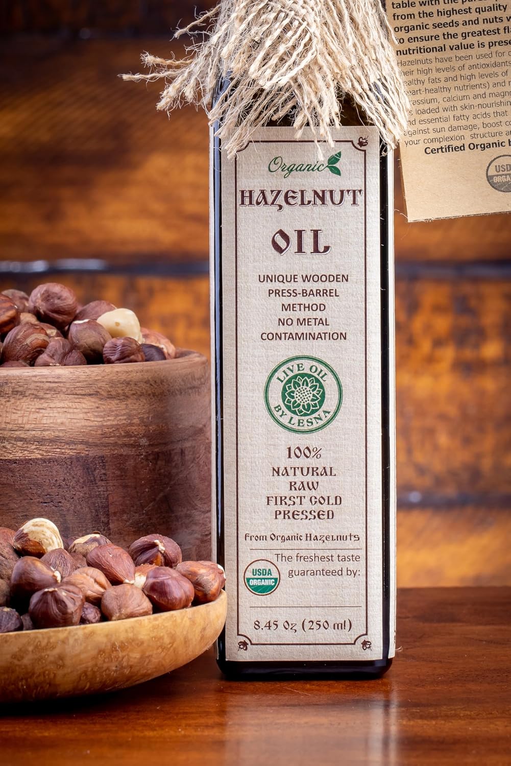 Raw Organic Hazelnut Oil, Cold-Pressed in Wooden Barrels – 8.45 fl oz (250 ml) | Unrefined, Non-GMO, No Preservatives | Culinary & Cosmetic Use