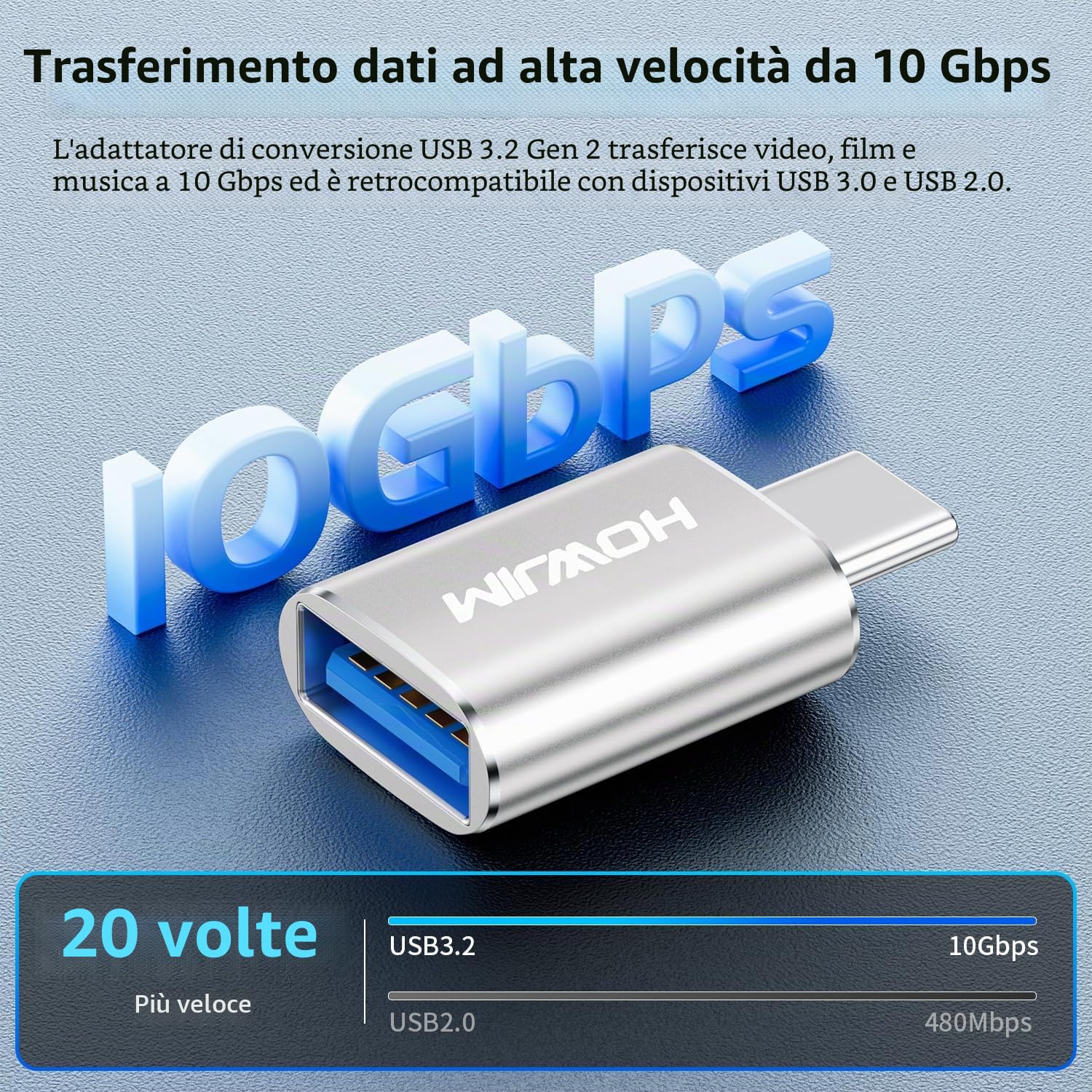 Adattatore da USB C a USB 2Pezzi,Ricarica Rapida 3A 100W,OTG 10Gbps Adattatore Type-C Maschio a USB3.2 Femmina per M-acBook Pro/Air Phone 17/16/15 Pad G-alaxy X-peria D-ell XPS S-urface Argento