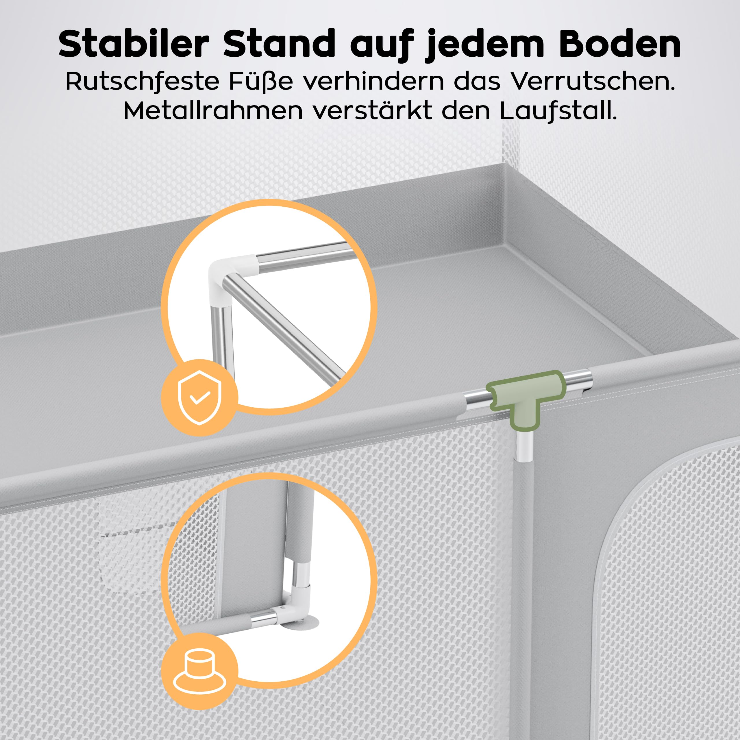Tulano Cozy 28 Laufstall Baby 180x200 cm – Großes Laufgitter Baby mit atmungsaktivem Netz – Sicherer Playpen für Innen und Außen – Stabiler Metallrahmen – Kindgerechte Materialien – Hellgrau