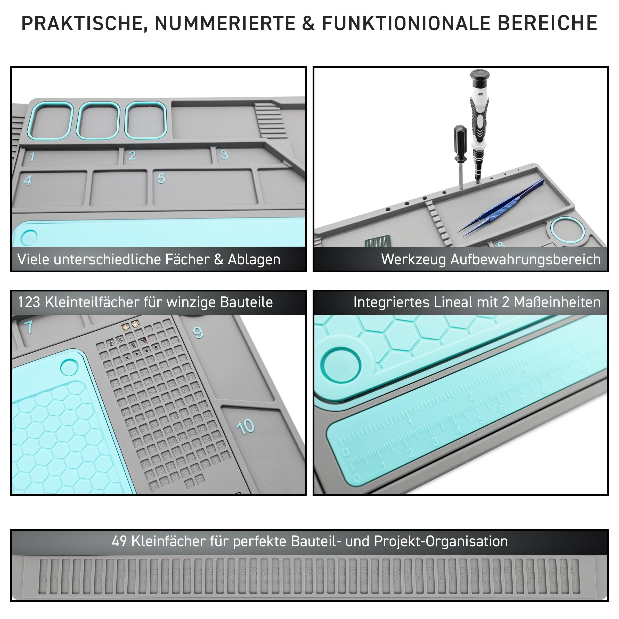 ESD-Arbeitsunterlage und Lötmatte Größe L 57 x 38 cm, Soft-PVC/Gummi mit abnehmbarer Silikoneinlage bis 500°C, Bauteil- und Werkzeugorganizer, 3 magnetische Bereiche