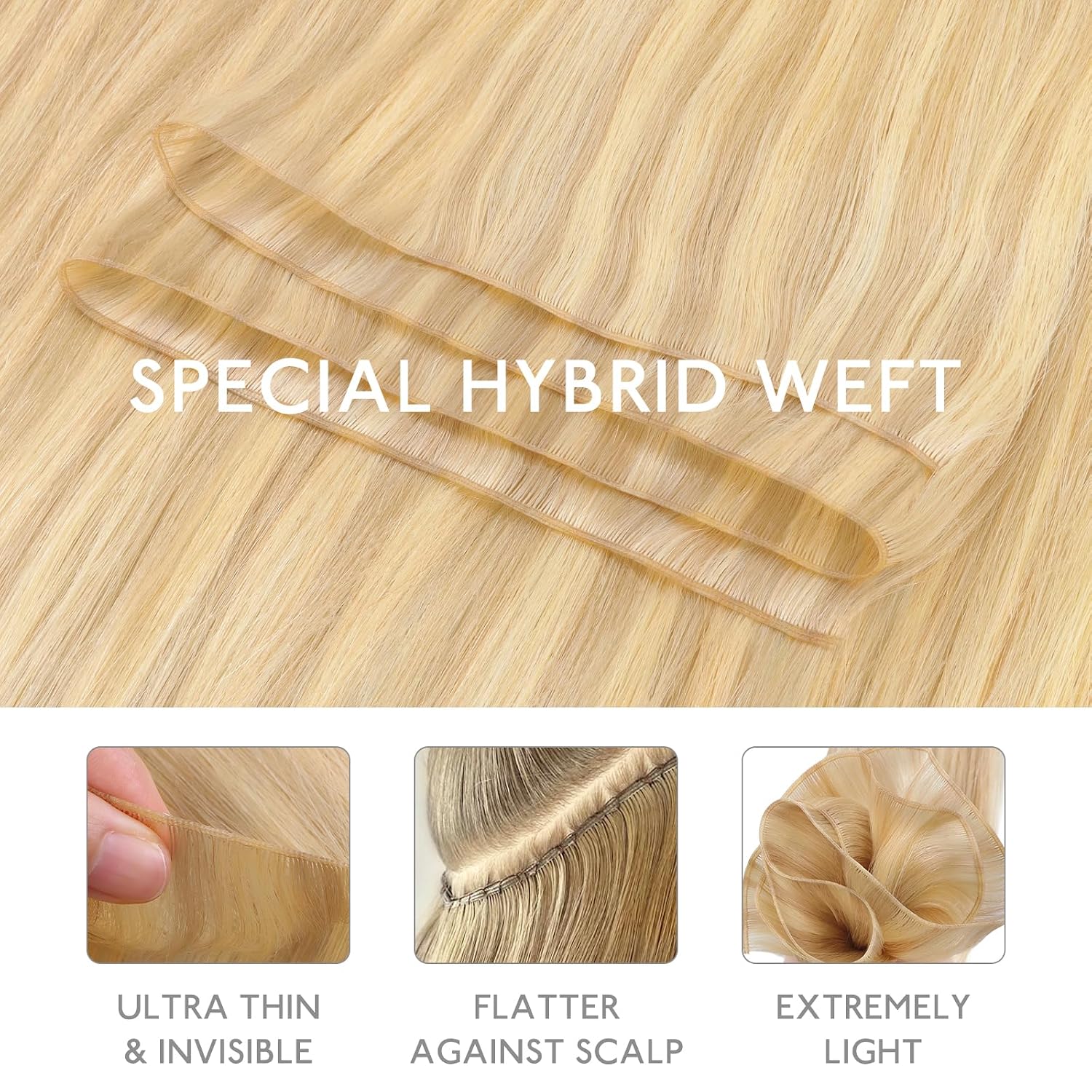 WENNALIFE Genius Sew in Weft Hair Extensions Real Human Hair, 16" 50g Light Blonde Highlighted Golden Blonde Sew in Hair Extensions for Women Natural Luxury Remy Hair Straight Invisible