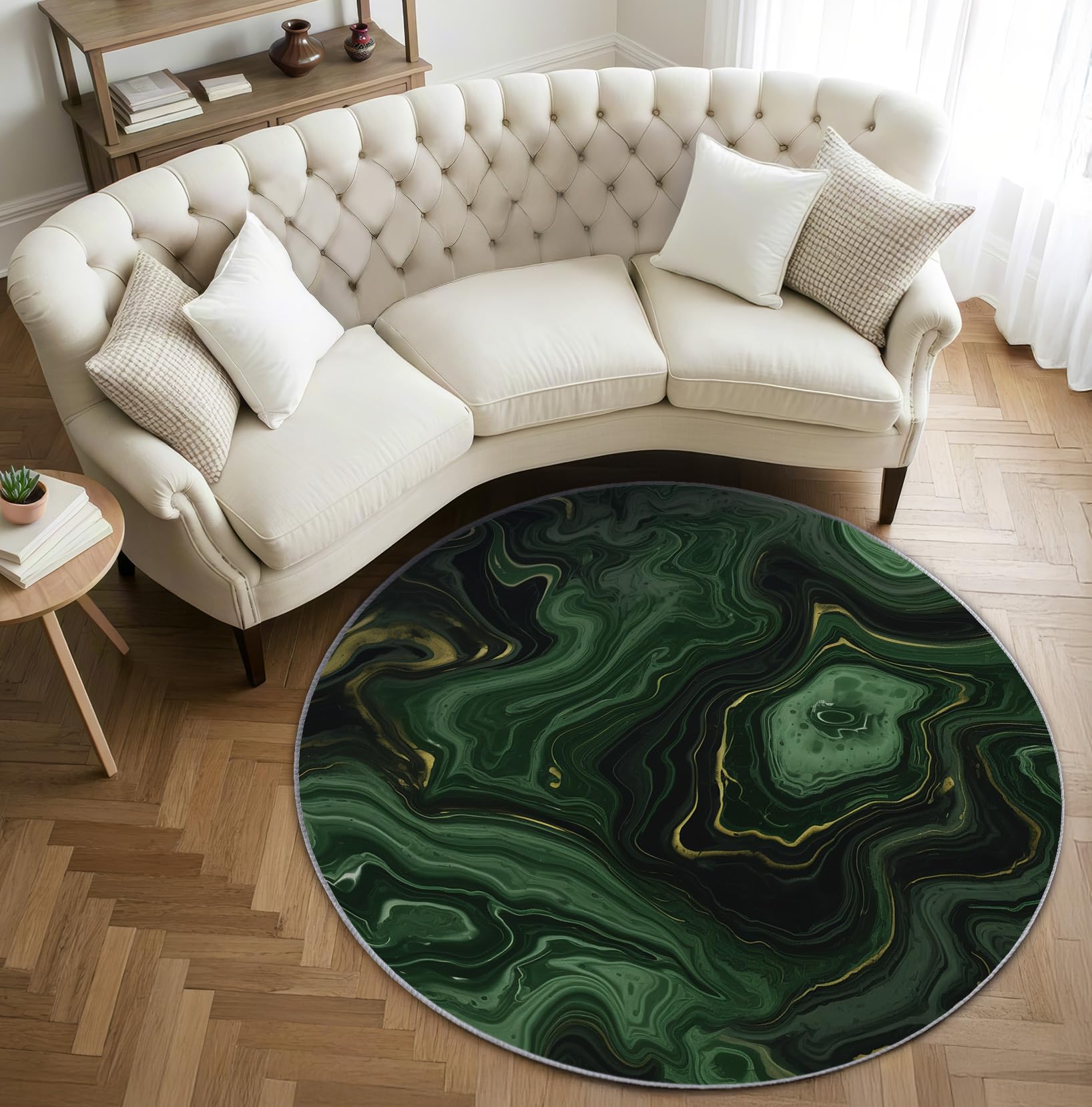 Grün Marmor Teppich Rund 200cm Kurzflor - Waschbare Teppiche Wohnzimmer Marmor Optik - Runder Teppich 200 cm Durchmesser Kinderzimmer - Bettvorleger Schlafzimmer rutschfest Weich