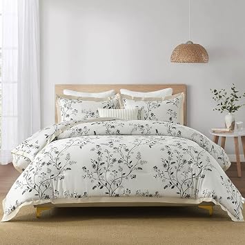 DDUOXIN King Size Comforter Set - 100% Long Staple Cotton Vintage Botanical King Comforters, Ivory White/Charcoal Soft 3-Pieces Bedding Comforter Sets