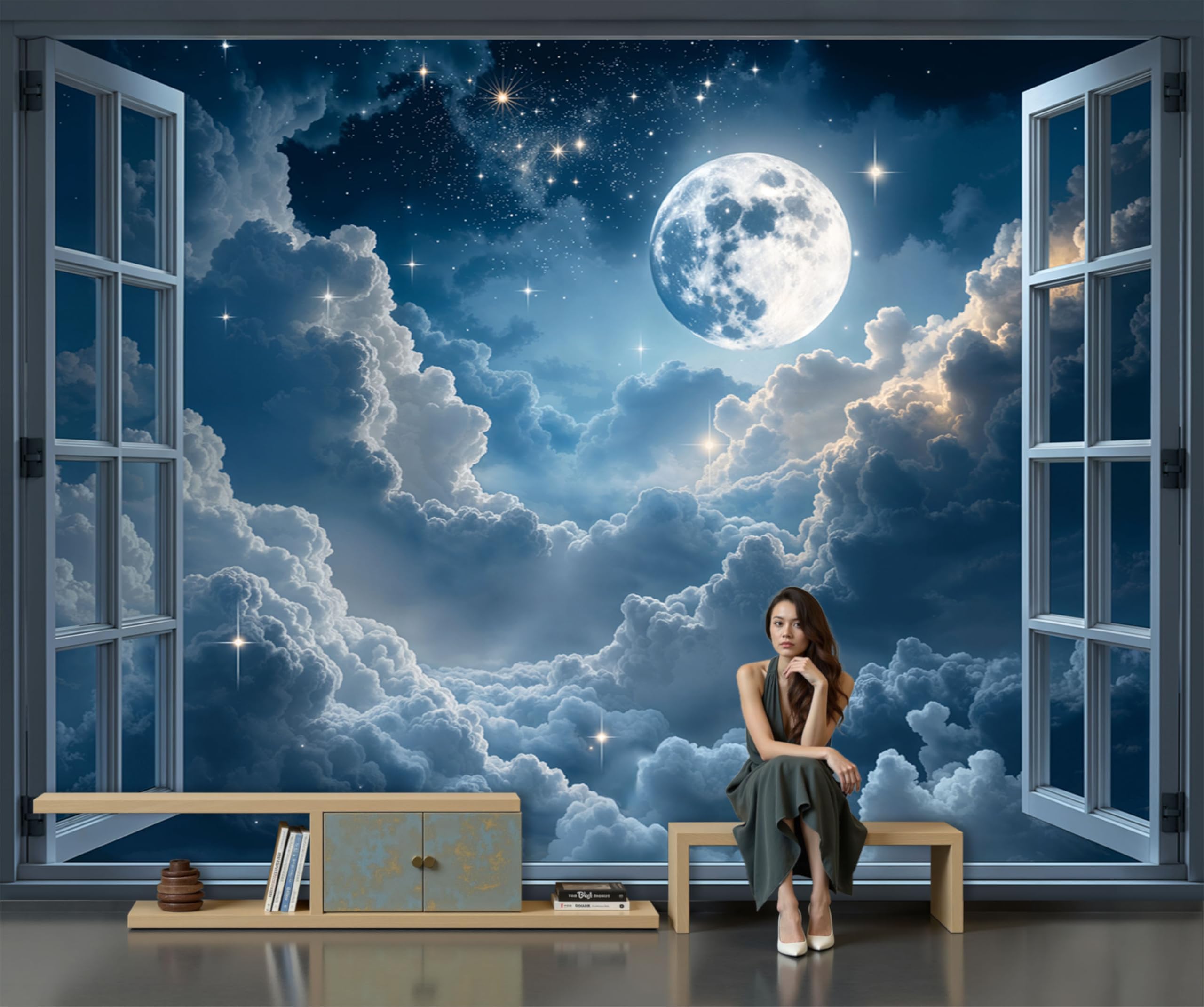 Papier peint pleine lune et nuages XXL pour une chambre d'enfant onirique