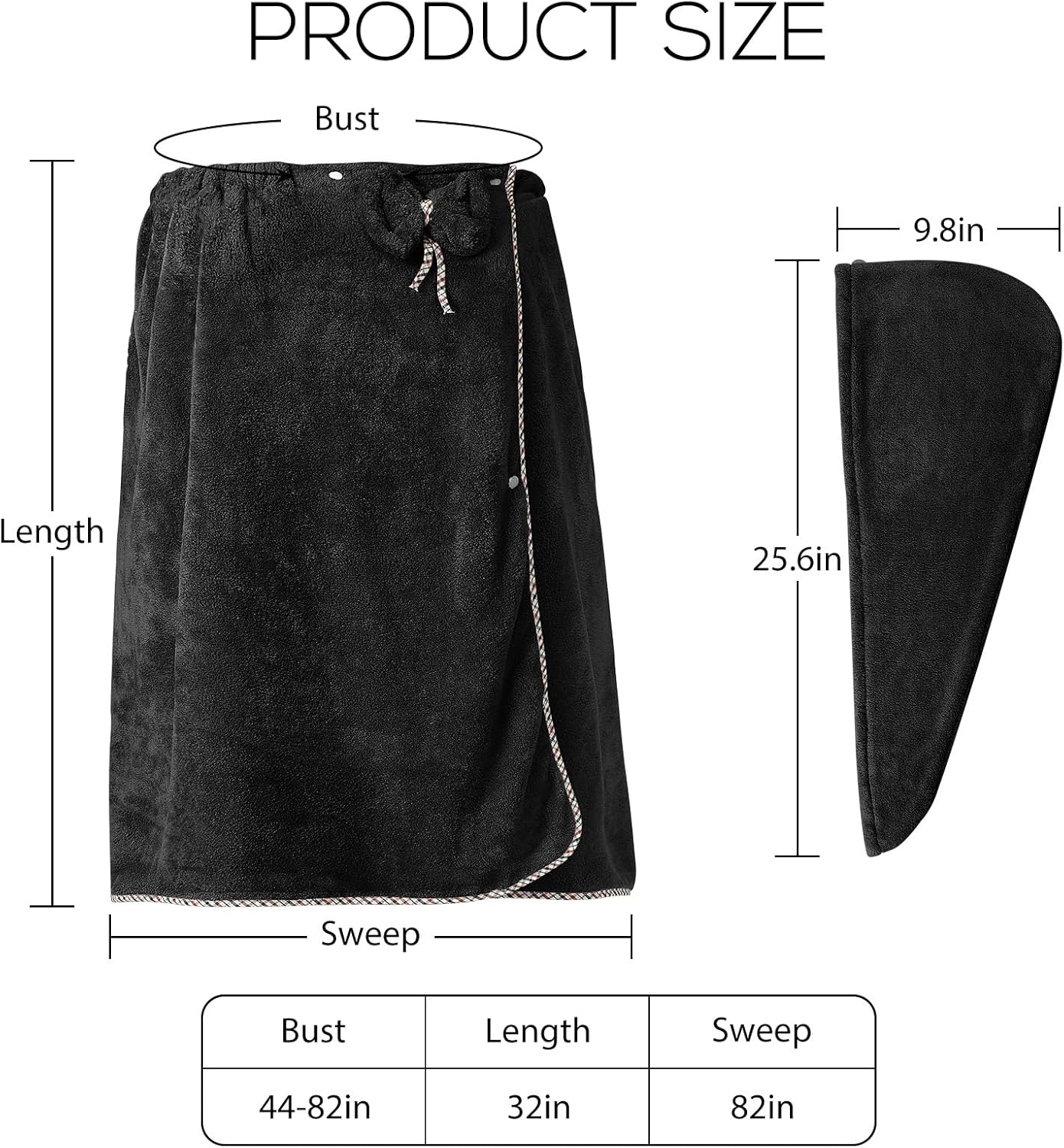 OneDream Plus Size Towel Wrap for Women, Adjustable Towel Wrap Women with Hair Towel (XXL-XXXXL), Bath Towel Dress After Shower, Large Spa Towels for Body Black - Image 3