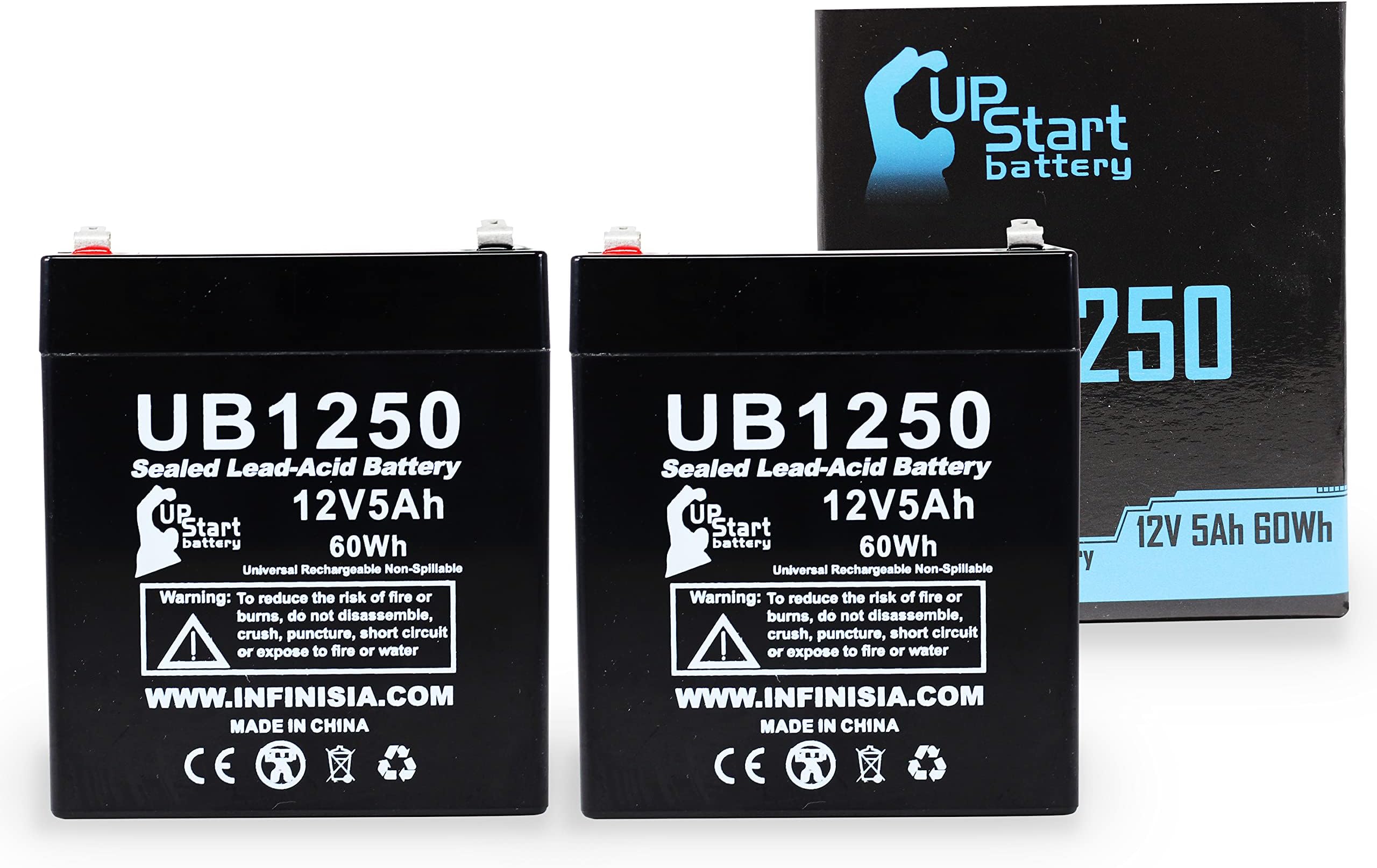 2X Pack - ADT Security Alarm Safewatch Pro 3000 Battery - Replacement UB1250 Universal Sealed Lead Acid Battery (12V, 5Ah, 5000mAh, F1 Terminal, AGM, SLA) - Includes 4 F1 to F2 Terminal Adapters