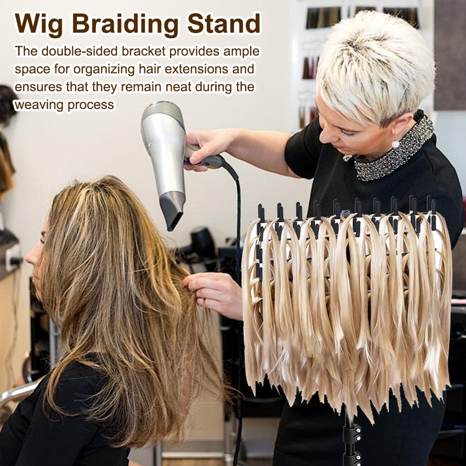 Braiding Hair Rack regolabile in altezza e pieghevole – 144 perni extension per capelli con fermagli per capelli + pettini, supporto per parrucchieri e trecce (bianco)