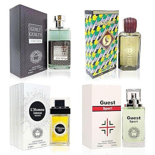 META-BOSEM Guilt+Magnum+L'Homme Intense+Guest Sport - Juego de 4 botellas de colonia para hombre, colección de botellas de colonia, Eau de Parfum en