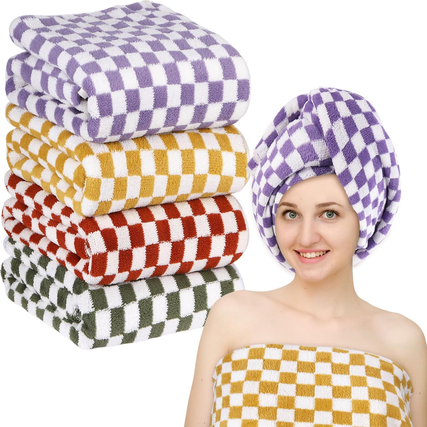 SmoothNovelty 4 Pcs Large Checkered Bath Towels for Bathroom 27.56 x 55.12 Inch Absorbent Beach Bath Towels Bulk Soft Quick Dry for Summer Pool Hotel Spa Shower Gym(Mixed Colors)
