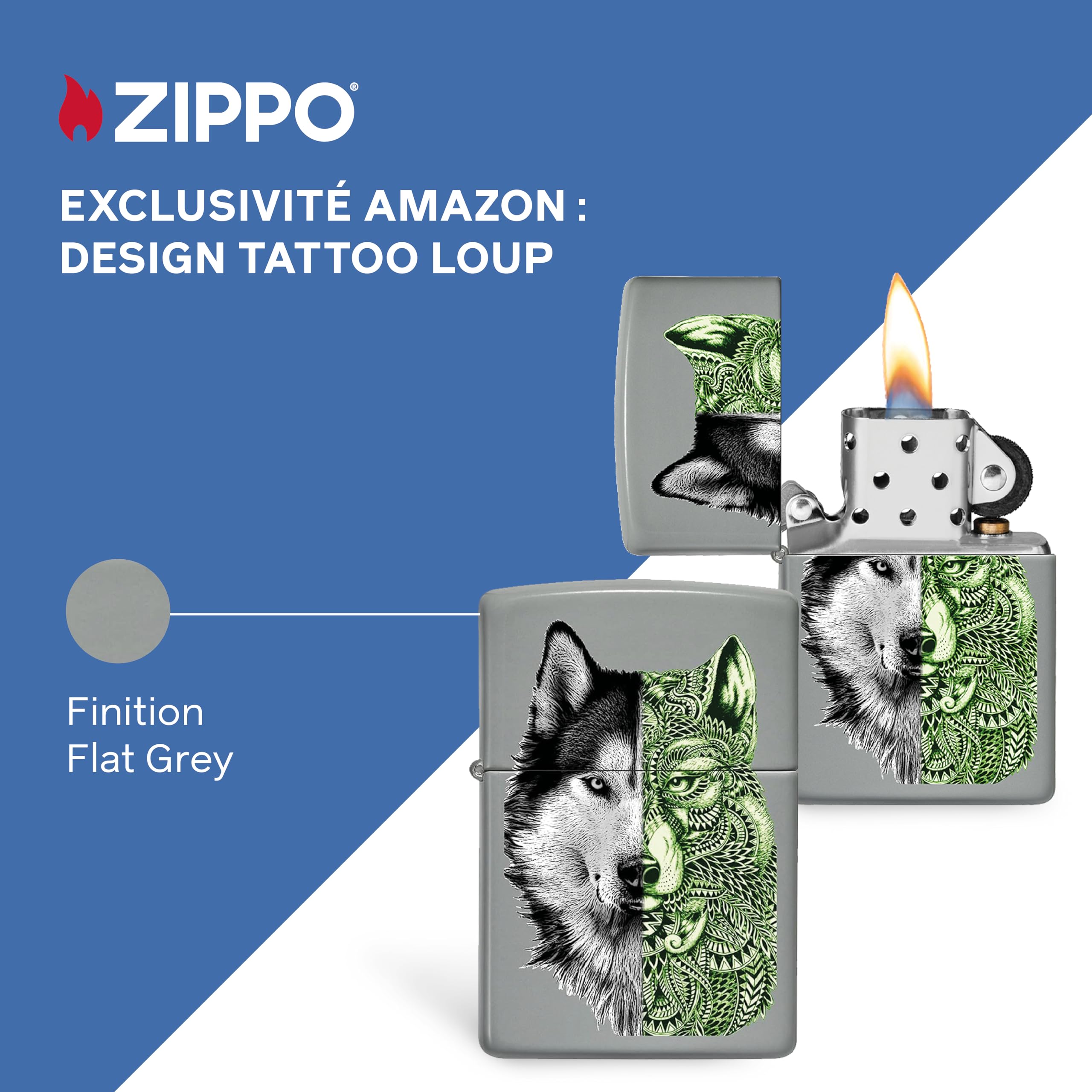 Zippo Briquet Tempête - Modèle Tattoo Wolf avec Color Image - Finition Grise Mate - Rechargeable - Réutilisable - Design Coupe-Vent - Coffret Cadeau - Fabriqué aux États-Unis