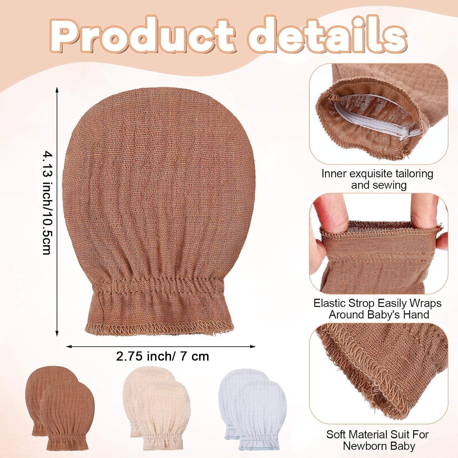 Muslin Mittens No Scratch, 3 Pairs 100% Cotton Mitts Soft Breathable Gloves, Elastic Wrist Organic Clothes, First Time Mom Essentials Registry Must Haves