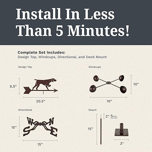Miniatura 5 de EZ Vane - Veleta de acero con puntero de 21 pulgadas de altura, incluye soporte de cubierta de metal, copas de viento y soportes, hecha a mano y de