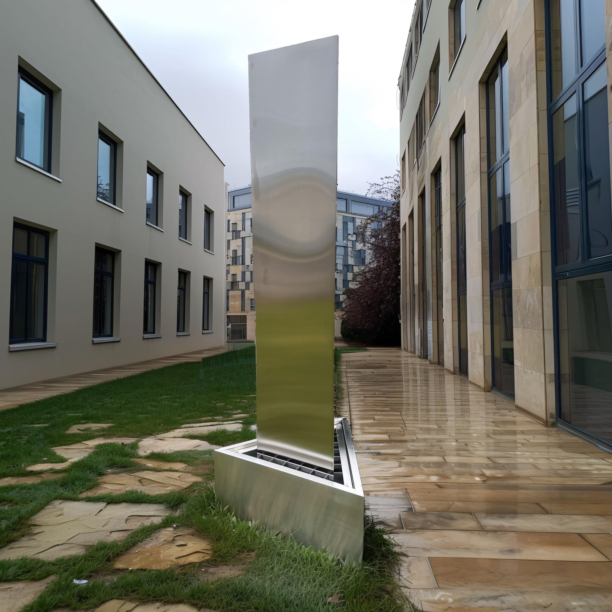 Köhko® Dreieckige Säule H200cm mit integrierte LED-Beleuchtung auf Dreieckige Edelstahl Becken Matte Gartenbrunnen aus Edelstahl