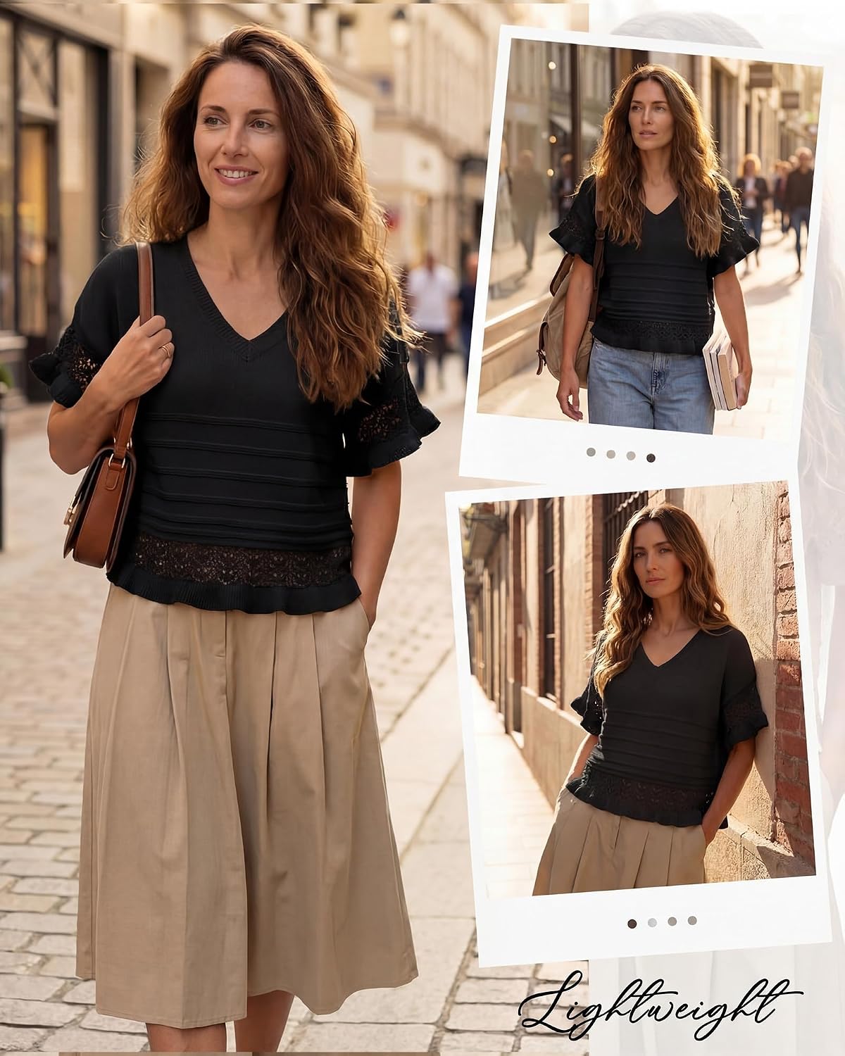 Women Ruffled Short Sleeve Sweater V Neck Ruffle Hem Knit Crochet Pullover Summer Casual 2026 Knit Blouse
