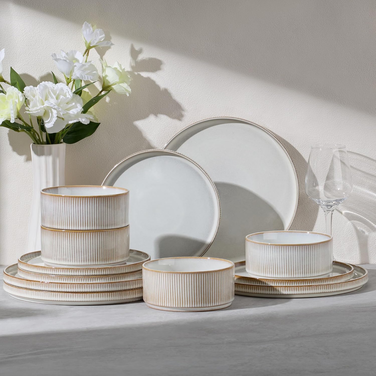 E-far 12-Piece Plates and Bowls Sets, Stoneware Dinnerware Dishes Sets for 4, Kitchen Modern Dining Dishware, Chip & Scratch Resistant, Microwave & Dishwasher Safe, Creamy Beige - Image 7