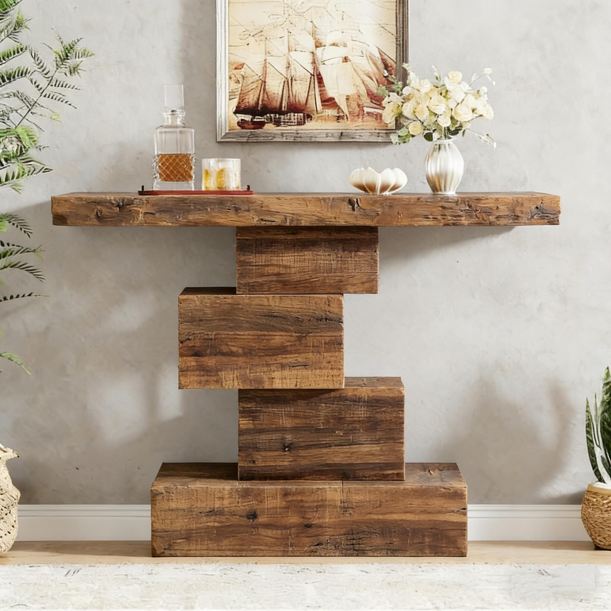 LITTLE TREE Konsolentisch, 108 x 30 x 80cm, Bauernhaus-Sofatisch mit Geometrisches Design, Schmaler Eingangstisch aus Holz für Wohnzimmer, Flur, rustikales Braun