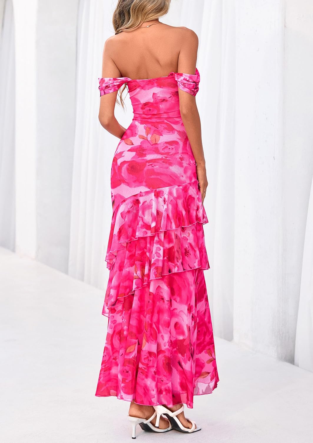 PRETTYGARDEN Women's Formal Cocktail Maxi Dresses 2026 Summer Off Shoulder Floral Mesh Bodycon Spring Wedding Guest Dress - Image 4