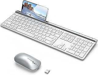 CHESONA Wireless Keyboard and Mouse Combo, Bluetooth Rechargeable Full Size Multi-Device (Bluetooth 5.0+3.0+2.4G) Wireless Keyboard Mouse Combo for Mac OS, iPad OS, iOS, Windows, Android, Silver White