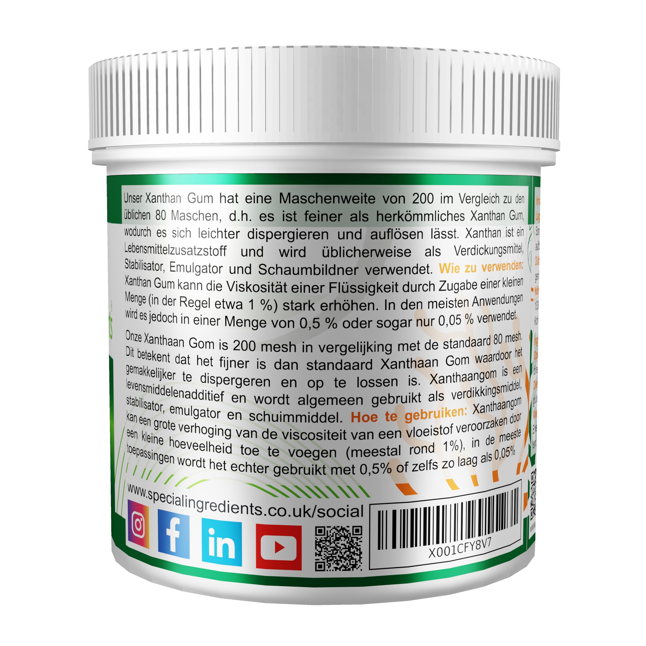 XANTHAN 500g EXTRAFEINE PULVER HÖCHSTER LEBENSMITTEL QUALITÄT - GLUTENFREI, NON GMO (DEUTSCHE ETIKETTEN UND ANLEITUNGEN)