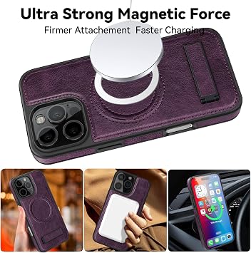 for 磁気 キックスタンド iPhone 15 Pro Max ケース対応 MagSafe 充電 超スリム プレミアム レザー見えないスタンド ミリタリー グレード落下保護耐衝撃ケース, Mulbreey