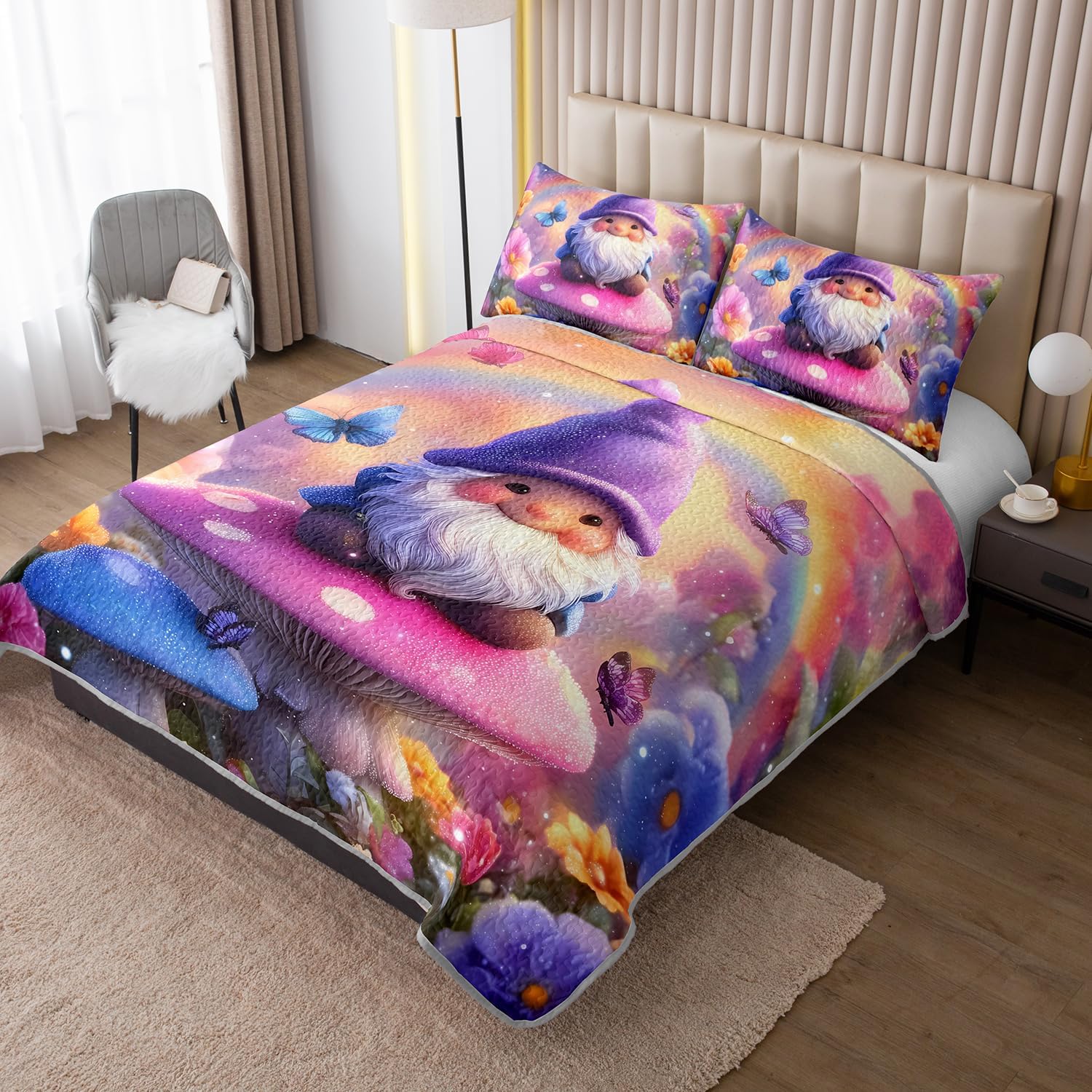 Cute Gnome Quilt Sets Twin Size,Spring Flowers Butterfly Mushrooms Bedding Sets for Kids Girls Bedroom Decor,Soft Lightweight Summer Bedding with 2 Pillowcases.