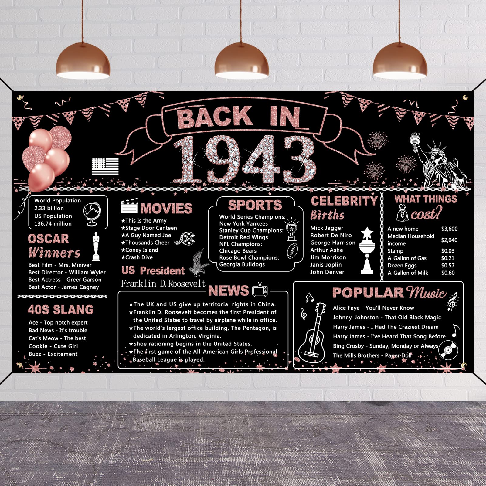 DARUNAXY 81st Birthday Rose Gold Party Decoration, Back in 1943 Banner for Women 81 Years Old Birthday Photography Background Vintage 1943 Poster Backdrop for Girls 81st Class Reunion Party Supplies