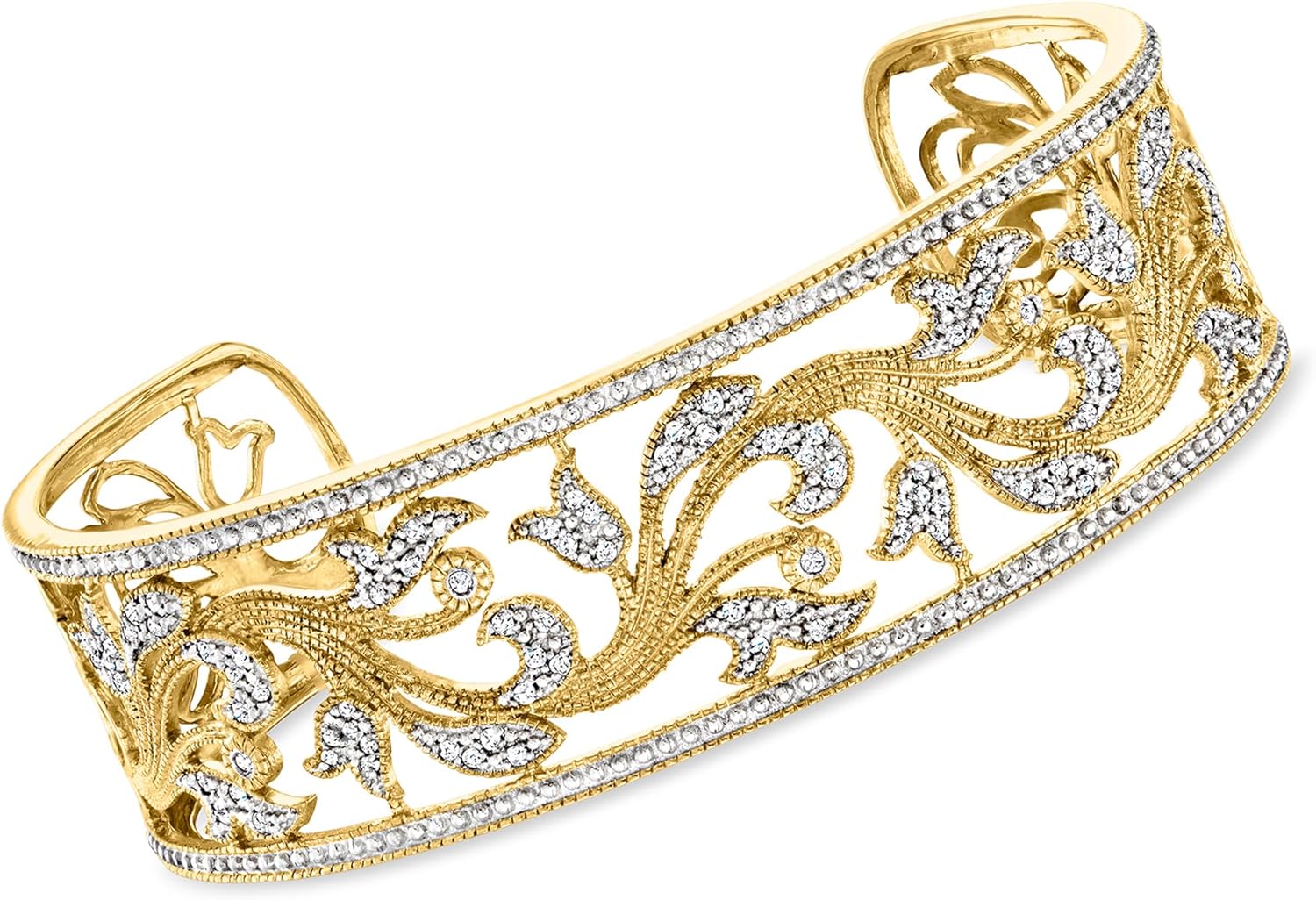 Ross-Simons 0.50 ct. t.w. Diamond Floral Filigree Cuff Bracelet in 18kt Gold Over Sterling