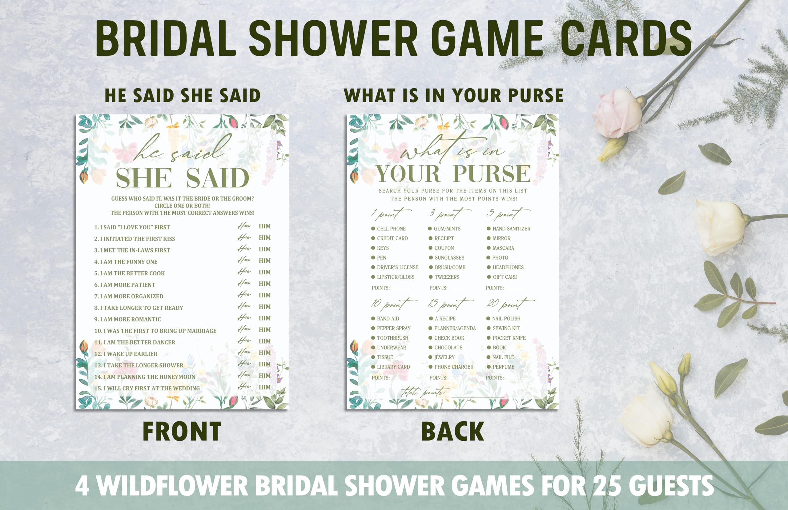 QUDNCR Wildflower Bridal Shower Games Set, 4 Games Includes He Said She Said, Would She Rather, What is in Your Purse, Bride Feud, 50 Double-Sided Cards, Wedding Party Supplies -02