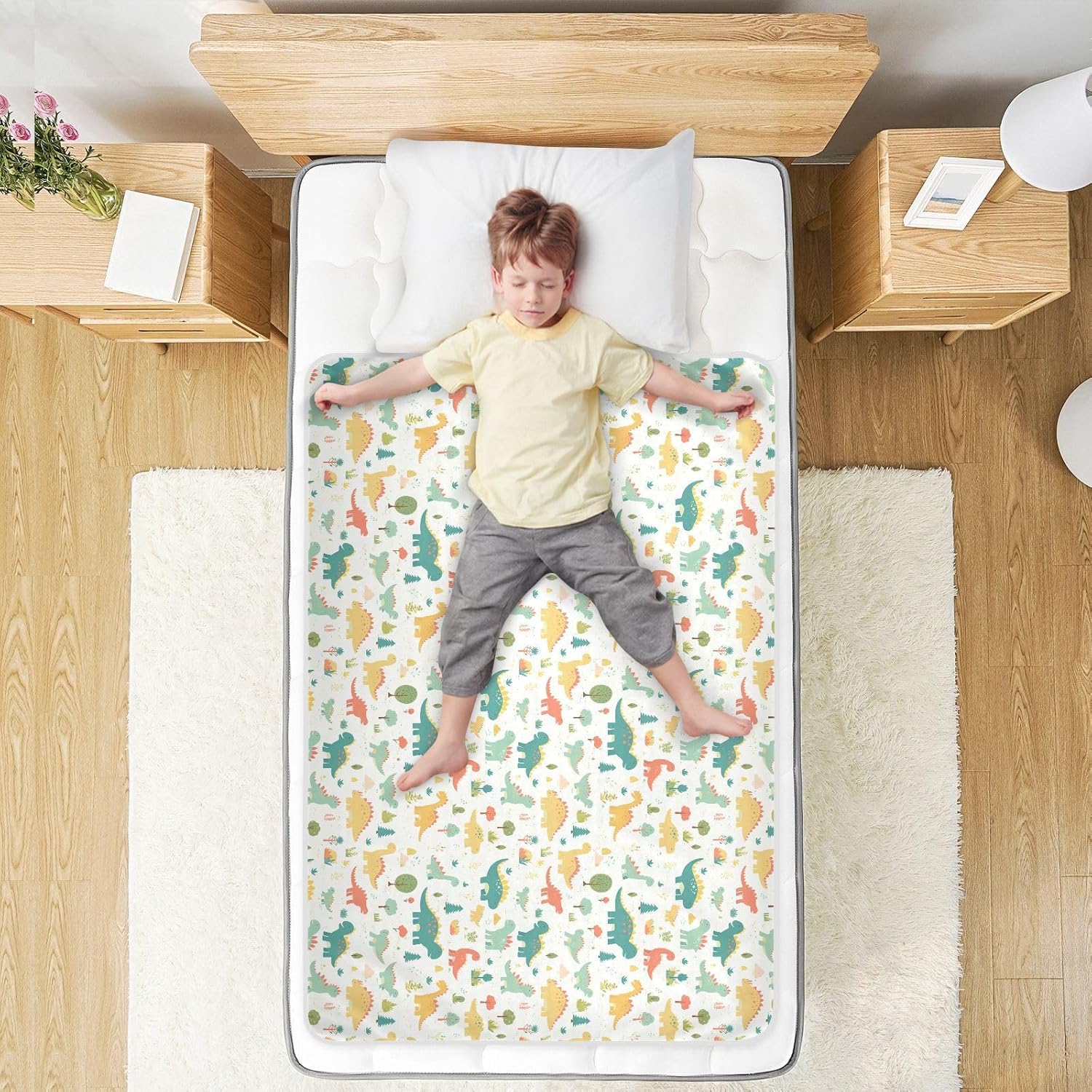Cartoon Dino Colorful Pastel Extra Large Resuable Potty Training Pad Water Resistant Crib Pee Mattress Pad Anti-Lip Pee Mats for Baby Boys Girls , 52" L x 34" W