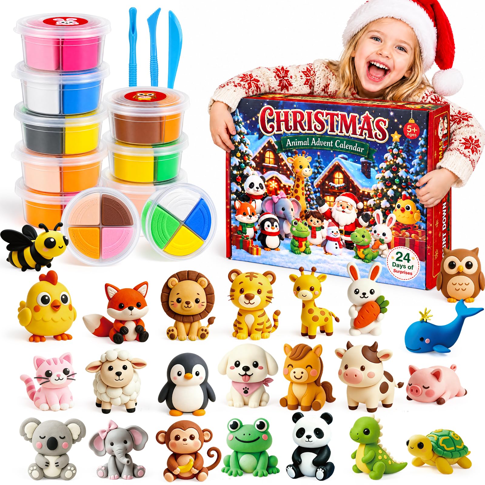 Calendario Avvento Bambini 2026 - DIY Argilla 24 Sorprese, Regalo 5-12 Anni | Giocattoli per Bambine Set di 24 Modellini in Argilla a Tema Animali, con Tutorial e Strumenti, Regalo di Natale